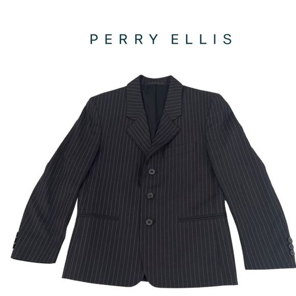Boy’s Perry Ellis Black with White pinstripes Suit Jacket & Pants. Size 12 - Picture 1 of 7